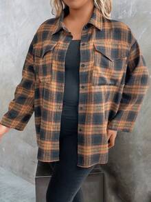 EMERY ROSE 大尺碼格紋長袖下肩休閒襯衫 - 黑色 - 查看 5