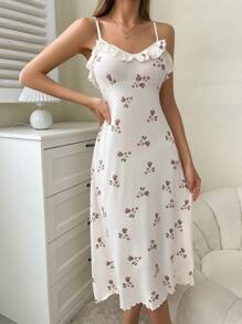 CottageSlumber Váy ngủ họa tiết hoa nhỏ xinh xắn có viền bèo nhún và dây đeo hoàn hảo cho mùa hè - Màu be - Xem 6