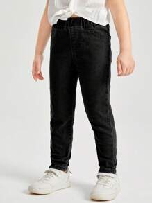SHEIN Young Girls' Solid Color Elastic Waist Jeans - Grey - View 4