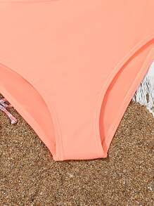 SHEIN Tween Girl 碎花印花分体比基尼套装三件套随机图案夏季海滩 - 橘色 - 查看 3