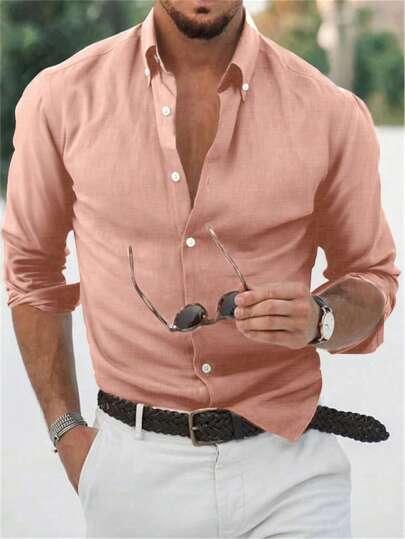 Manfinity Mode Men's Solid Color Single Breasted Shirt, Fall, Long Sleeve Top