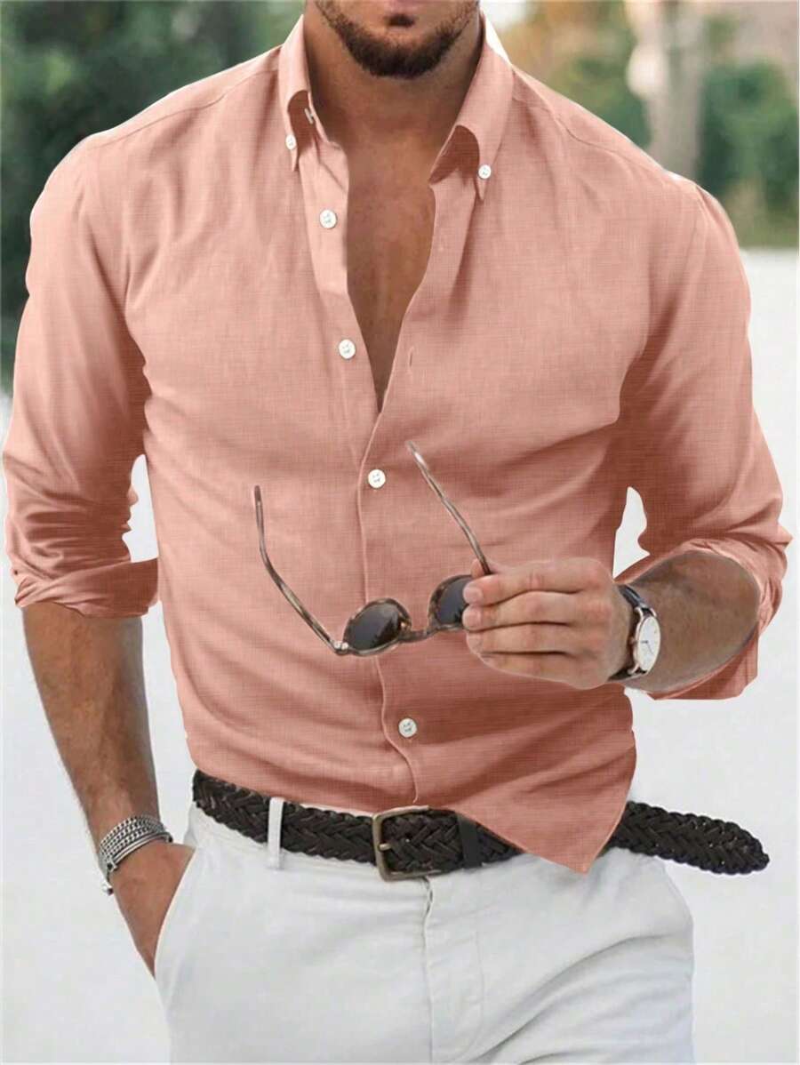 Manfinity Mode Men's Solid Color Single Breasted Shirt, Fall, Long Sleeve Top Cotton, Ceremony, Formal - Pink - View 1