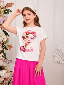 SHEIN Tween Girl Spring/Summer Knitted Round-Neck Short Sleeve Tee With Portrait Print And Mesh Skirt Set - Multicolor - View 3