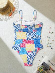 SHEIN Swim 女士印花墊設計小吊帶連身泳衣，適合夏季海灘假期 - 彩色 - 查看 2