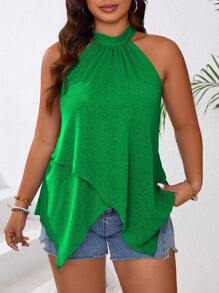 Calvaya Plus Size Loose Pleated Summer Sleeveless Top With Asymmetric Hem - Green - View 1
