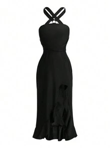 Women's High Slit Halter Neck Dress - Black - View 1