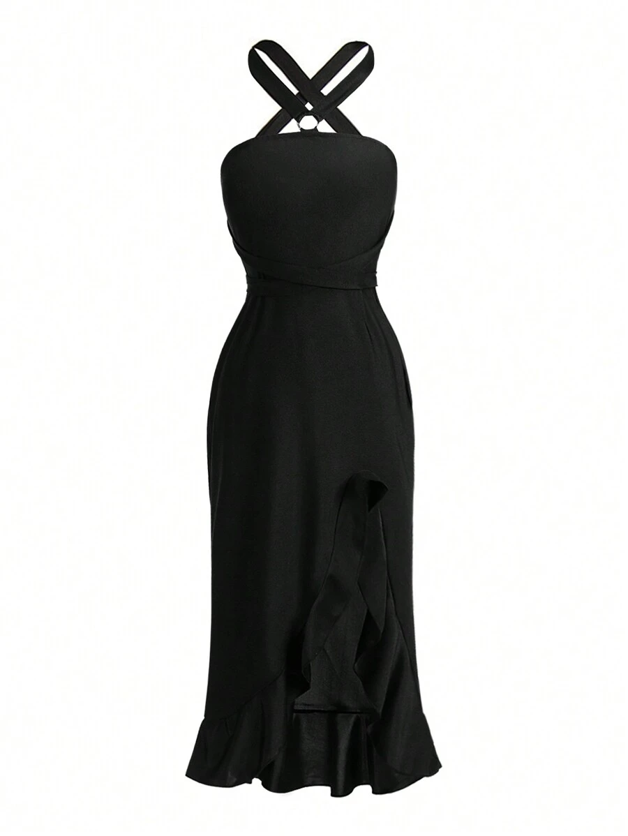 Women's High Slit Halter Neck Dress - Black - View 1