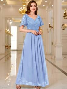 MIUSOL Contrast Sequin Lace Heart Neckline Ruffle Sleeve Evening Party Maxi Dress - Baby Blue - View 7