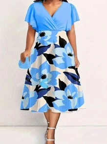 Vestido informal corto de mujer talla grande con escote en V, estampado floral y volante en el bajo, adecuado para cumpleaños, fiesta de jardín, vacaciones, cómodo y elegante