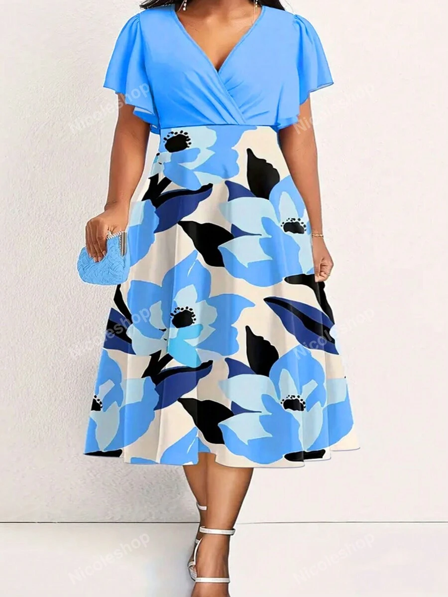 Vestido informal corto de mujer talla grande con escote en V, estampado floral y volante en el bajo, adecuado para cumpleaños, fiesta de jardín, vacaciones, cómodo y elegante