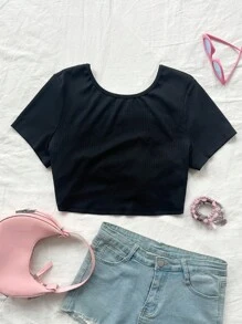 Dreamara Camiseta Sexy Recortada Con Diseño De Nudo De Lazo De Bloque De Color Negro Para La Espalda De Talla Grande Para El Verano