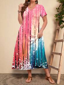 EMERY ROSE 夏季休閒復古水染圖案長款緊身連身裙，附有口袋，適用於大尺碼女性 - 彩色 - 查看 5