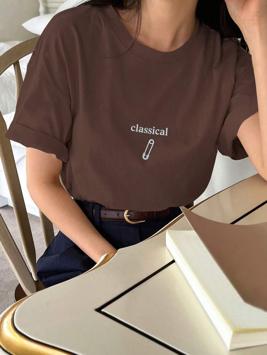 DAZY Women Round Neck Letter Print Casual Daily Wear Short Sleeve T-Shirt For Spring And Summer - Coffee Brown - View 1