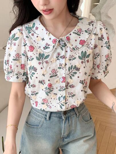 DAZY Summer Casual Plant Print Baby Peter Pan Collar Puff Sleeve Short Sleeve Shirt,Short Sleeve Tops
