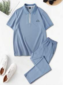Manfinity Homme Men Mountain Print Short Sleeve Polo Shirt And Long Pants Two-Piece Set