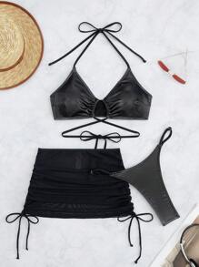Swim SXY Ladies Solid Color Two-Piece Bikini Set For Vacation Summer Beach - Black - View 3