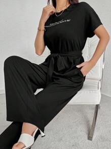 Seusyu Conjunto De Camiseta De Manga Corta Con Cuello Redondo Y Estampado De Letra Para Mujer Con Pantalones Lisos De Color Sólido Y Detalles De Bolsillo