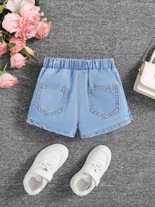 SHEIN Bé Gái Xuân Hè Boho Dễ Thương Xù Viền Quấn Lưng Thun Mềm Mại Thoải Mái Denim Skorts Quần Short Jean - Màu xanh nhạt - Xem 2