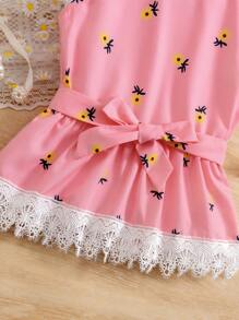Tween Girl Summer Casual Lace & Patchwork & Ditsy Floral Print Blouse - Pink - View 3