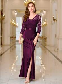 MIUSOL V Neck Contrast Lace Ruffle Satin Evening Party Maxi Formal Dress Elegant Prom Wedding Guest Gown, For Graduation, Dinner - Maroon - View 3