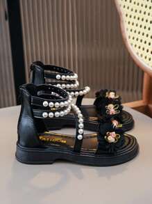 Platte kindersandalen voor meisjes, bloemenprinsesschoenen, parelschoenen voor kleine kinderen, grote kindersandalen met ritssluiting aan de achterkant en dikke platformhoge sandalen