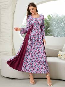 Seusyu Women Floral Print Patchwork Vacation Modest Burgundy Long Sleeve Dress With Side Criss-Cross Cinching Waist - Burgundy - View 6
