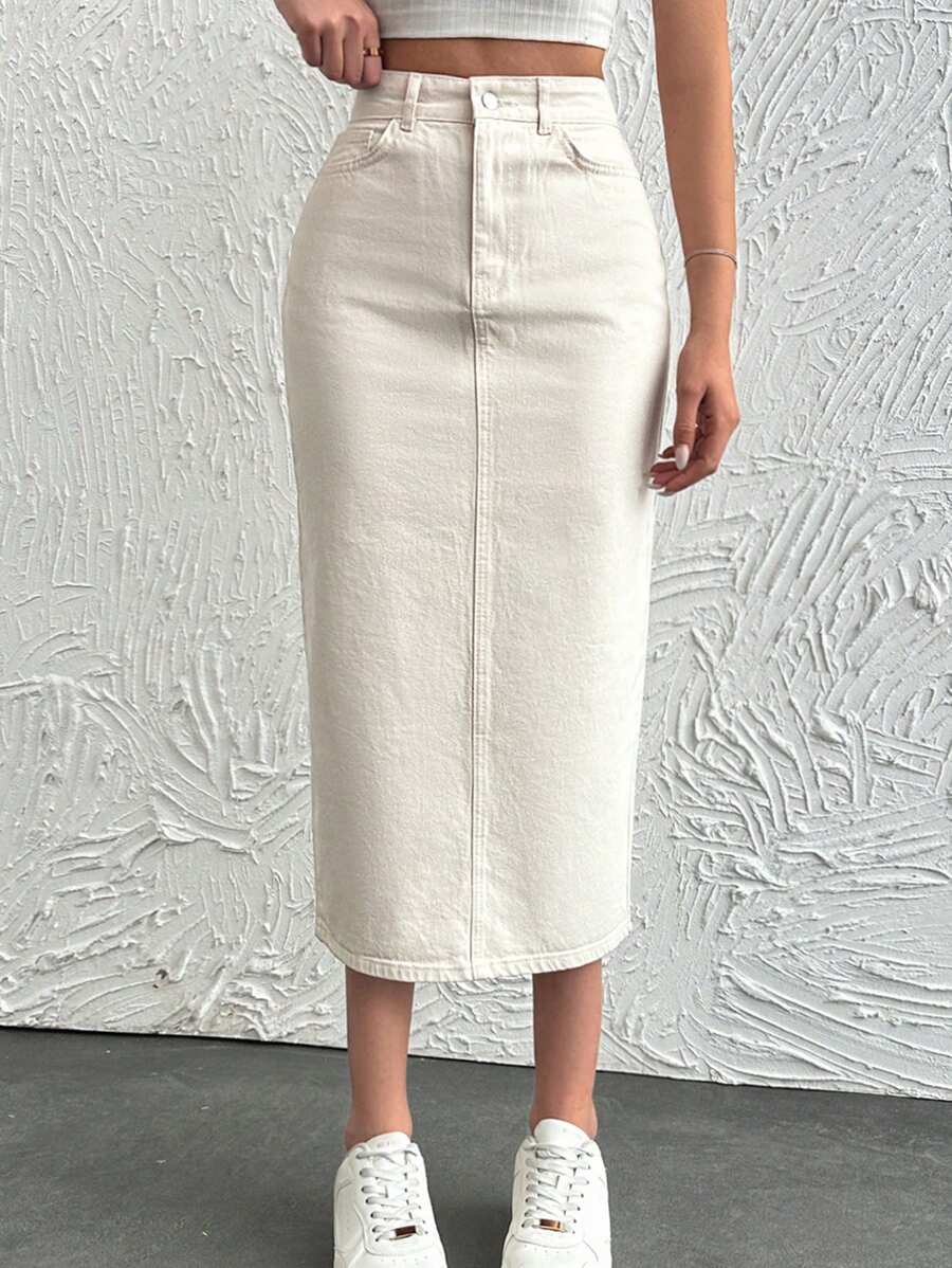 EURMUSE Women's Straight Denim Skirt With Pockets - Beige - View 1