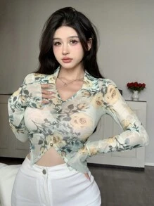 DAZY Women Floral Print Long Sleeve Cropped See-Through Top For Spring And Summer - Yellow - View 7