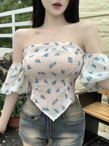 DAZY Camisa para mujer de manga corta con hombros descubiertos, manga abullonada y bajo asimétrico, para atuendos de crucero. Crop Top para mujer.