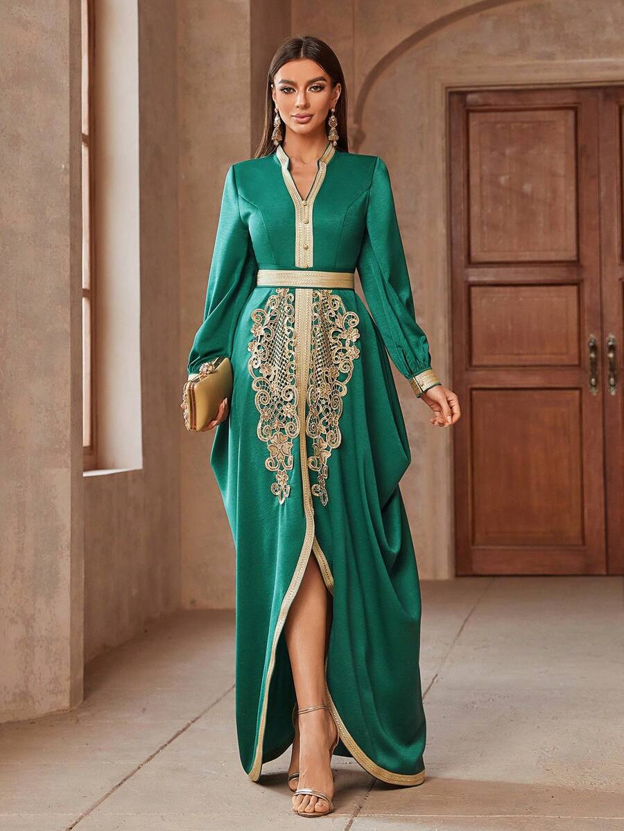 Women's Ribbon Patchwork Fringe Decor Plunging Neckline Slit Maxi Elegant Dress - Dark Green - View 1