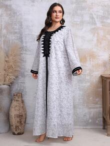 Große Größen Kleid mit Blume Muster und Kontrastspitze an den Glockenärmeln, Frühling/Sommer