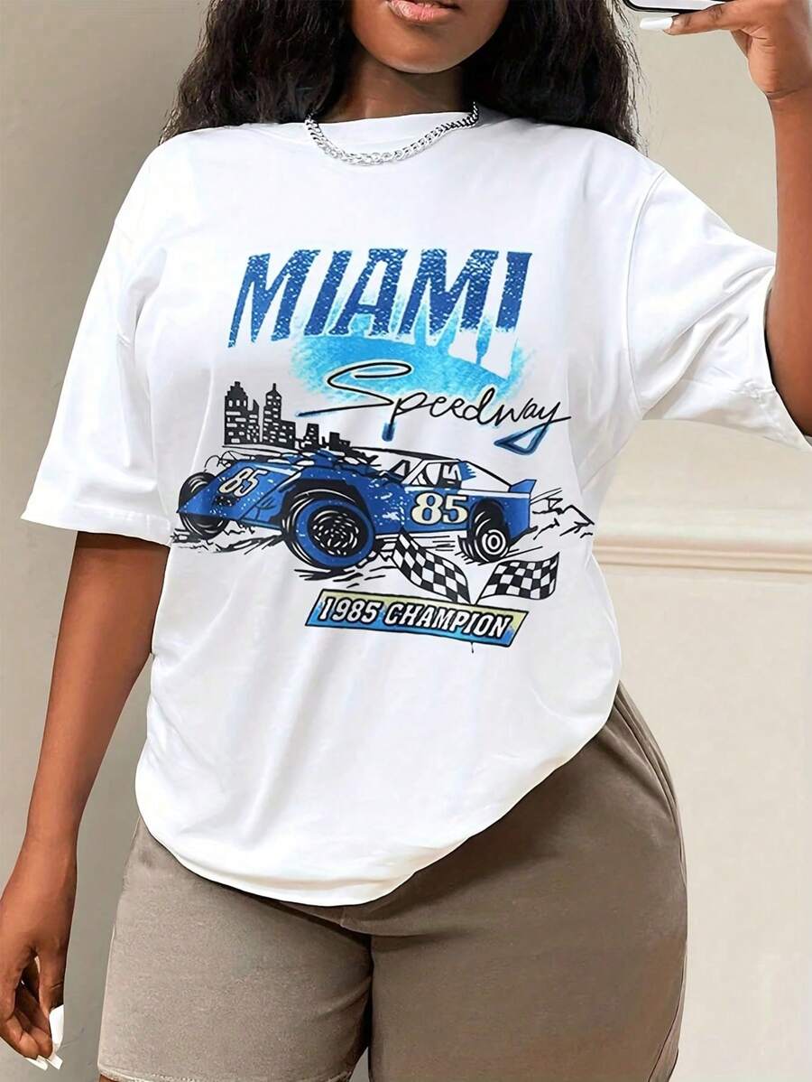 Áo thun tay ngắn cổ tròn in chữ và hình ô tô cỡ lớn cho nữ, áo thun họa tiết, áo mùa hè - trắng - Xem 1