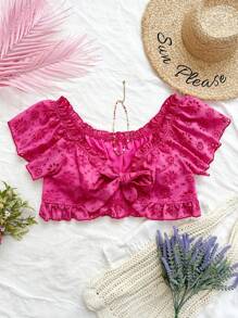 Soleia Plus Size Casual Knit Shirt With Frill Trim, Tie-Front Detail And Vacation Style Design For Summer - Hot Pink - View 1