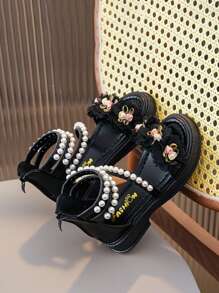 Platte kindersandalen voor meisjes, bloemenprinsesschoenen, parelschoenen voor kleine kinderen, grote kindersandalen met ritssluiting aan de achterkant en dikke platformhoge sandalen