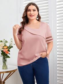 SHEIN Clasi 夏季大码女式不对称领撞色网眼短袖宽松衬衫 - 粉色 - 查看 5