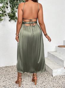SHEIN Clasi Plus Size Women Summer Halter Neck Backless Split Hem Dress Women Outfit - Army Green - View 2