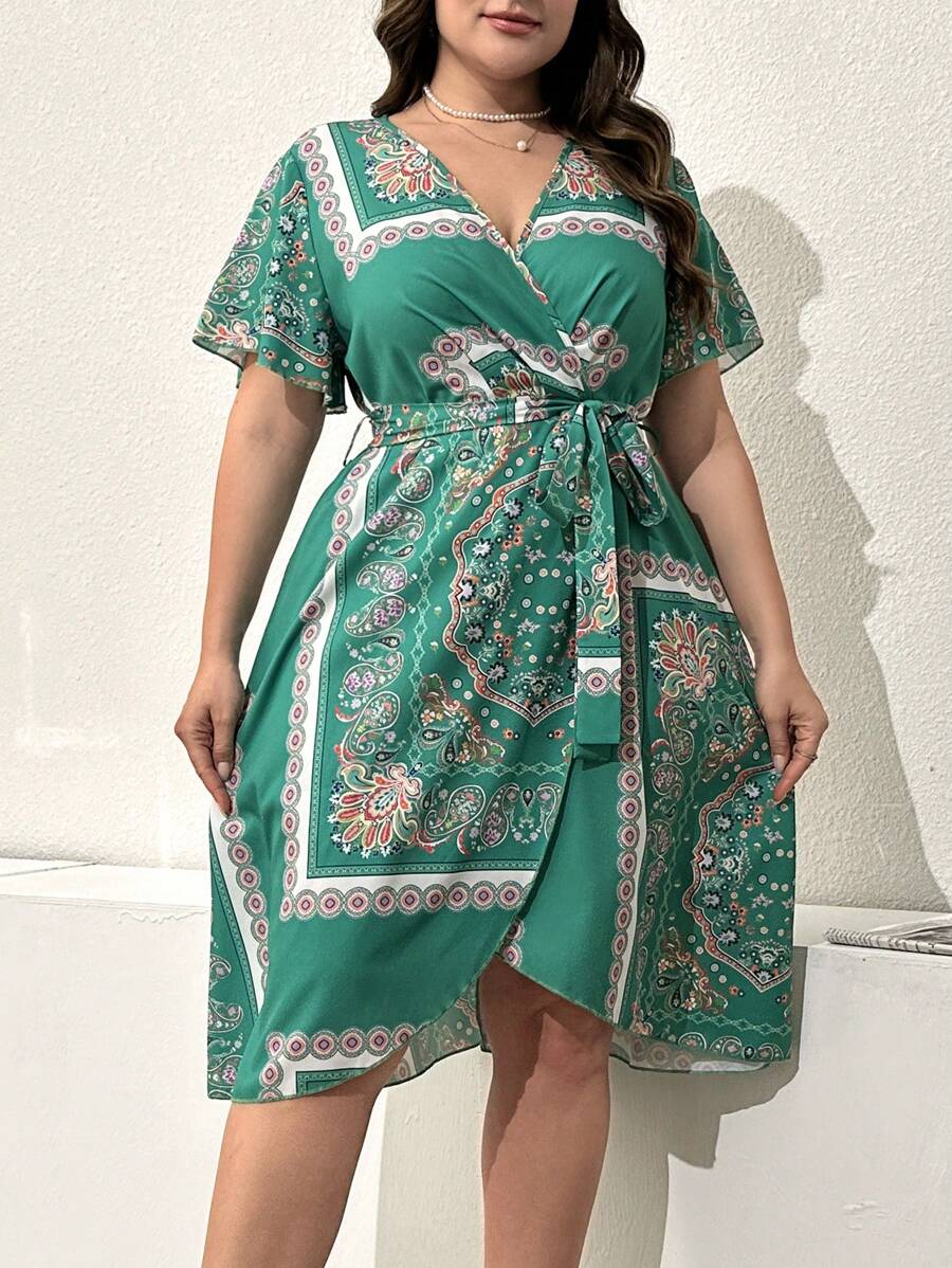 Breezaya Đầm quấn in họa tiết nông dân cỡ lớn có dây buộc cho kỳ nghỉ hè - Nhiều màu - Xem 1