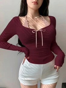 DAZY 女士修身长袖吊带T恤，胸前褶皱蝴蝶结装饰，夏季长袖女式上衣，外出上衣 - 彩色 - 查看 4