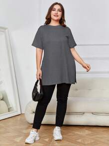 INAWLY 夏季大尺碼純色側開叉短袖T恤 - 灰色 - 查看 3