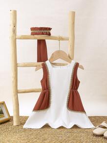 Baby Girl Bohemian Style Exquisite And Gorgeous Dress With Elegant And Fashionable Pleated Headband, Gold Braided Belt And Patchwork Design
