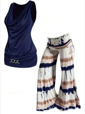 2pcs Casual Metal Detail Round Neck Vest And Tie Dye Wide Leg Pants Set