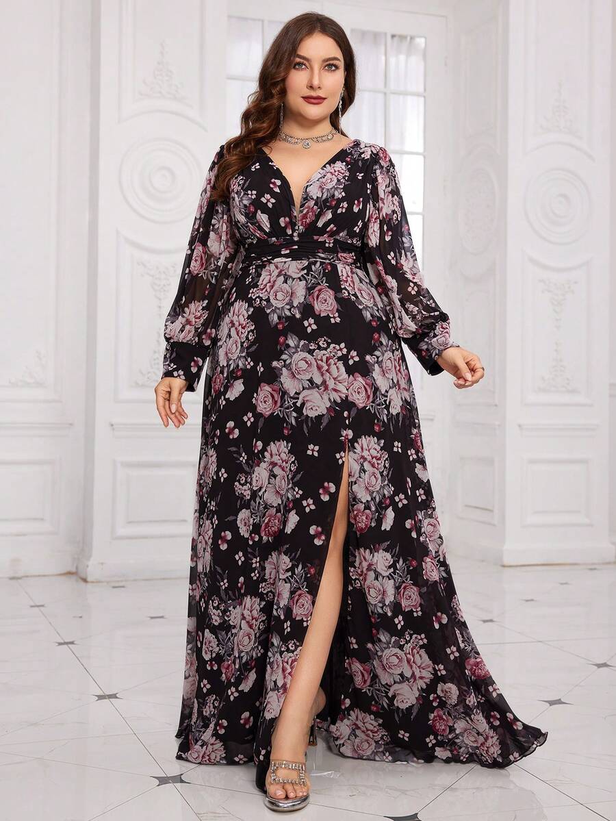 SUPGIR Plus Size Digital Floral Print V-Neck Lantern Sleeve Waist Pleated Elegant Dress