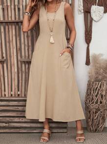 EMERY ROSE 女士纯色无袖 A 字形连衣裙，带口袋，适合夏季休闲长裙母亲节连衣裙 - 卡其色 - 查看 3