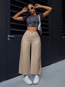 SHEIN PETITE Quần jean ống đứng màu trơn đơn giản cho nữ - Màu Khaki - Xem 6