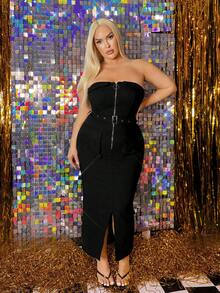 SHEIN SXY Đầm bó sát gợi cảm nhiều túi khóa kéo cỡ lớn - màu đen - Xem 5