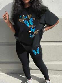 SHEIN ChicEase Conjunto Casual De Camisa De Manga Corta De Cuello Redondo Estampada Con Mariposas Y Pantalones Largos Para Mujeres A La Moda