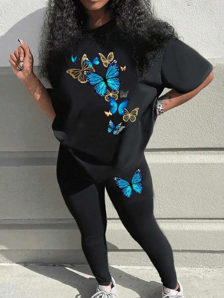 SHEIN ChicEase 時尚女士蝴蝶印花圓領短袖襯衫和長褲休閒套裝 - 黑色 - 查看 1