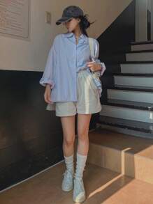 DAZY Women Spring Loose Shoulder Long Sleeve Casual Shirt Solid Color - Blue - View 3