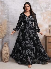 Plus Size Elegant Random Floral Print Dress, Spring/Autumn - Black - View 3