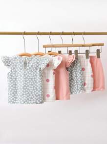 SHEIN Playful Pals 3件套嬰兒女寶寶休閒時尚藝術設計上衣和短褲，帶有花卉、格子和純色印花 - 彩色 - 查看 2